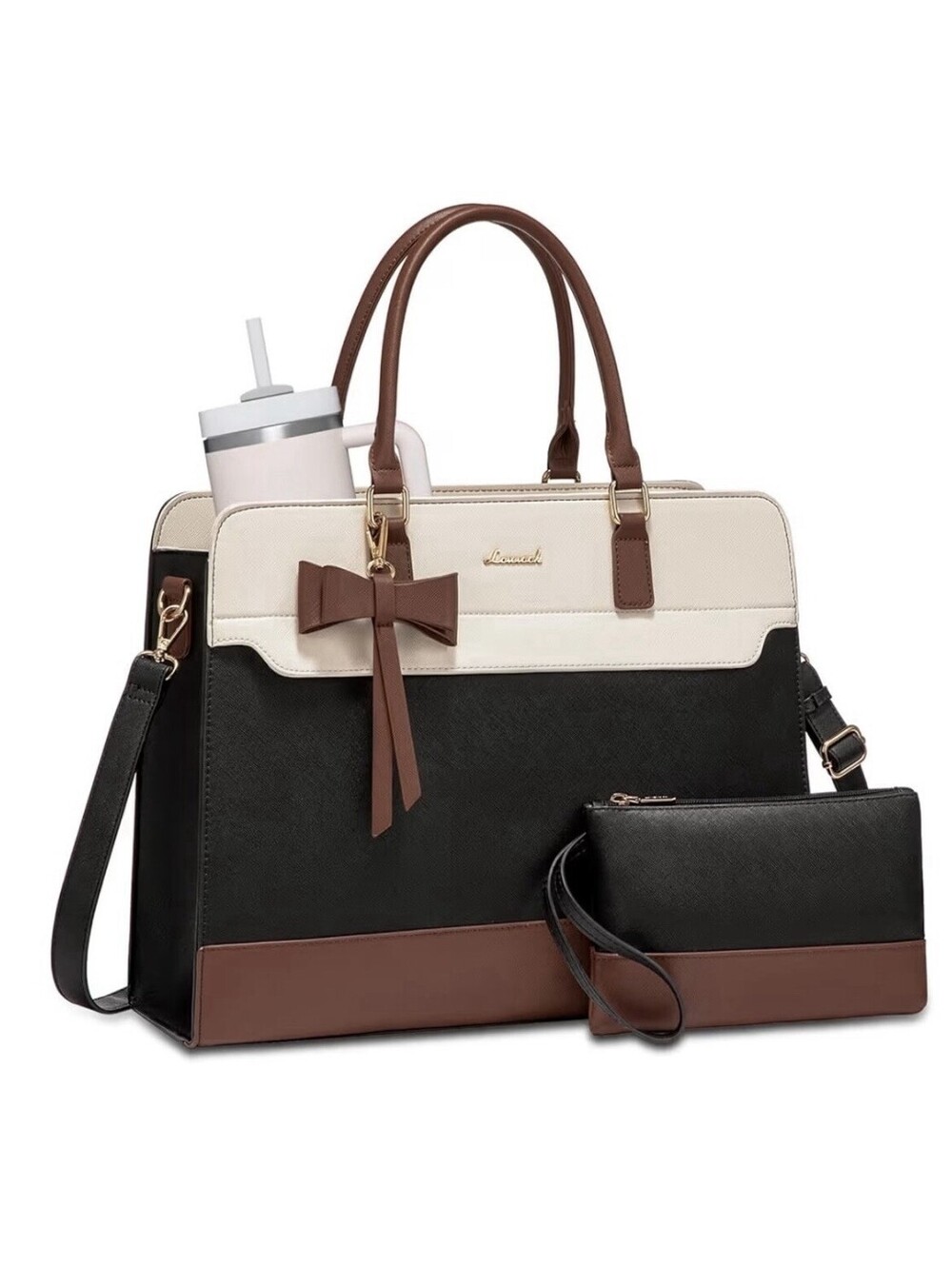 Lovevook Women’s Colorblock Satchel, Bow Detail, Zip, Strap & Wristlet Black